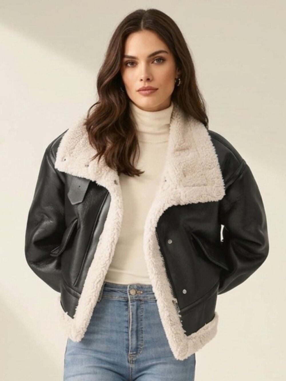 Commense Black Faux Leather Sherpa Biker Moto Flight Aviator Jacket